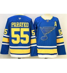Men St  Louis Blues 55 Colton Parayko Blue 2025 With A Patch Stitched Hockey Jersey