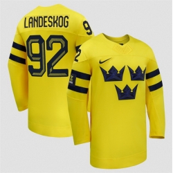 Men Sweden Hockey 92 Gabriel Landeskog Yellow 2026 Away Stitched Jersey