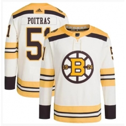 Men Boston Bruins 51 Matthew Poitras Cream 100th Anniversary Stitched Jersey