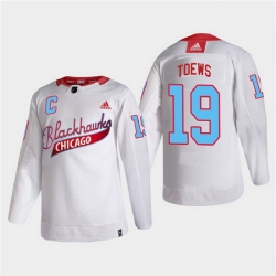 Men Chicago Blackhawks 19 Jonathan Toews 2022 Community Night White Stitched jersey