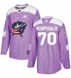 Mens Adidas Columbus Blue Jackets 70 Joonas Korpisalo Authentic Purple Fights Cancer Practice NHL Jersey 