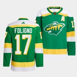 Men Minnesota Wild 17 Marcus Foligno Green 2022 23 Reverse Retro Stitched Jersey