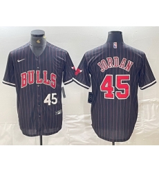 Men Chicago Bulls 45 Michael Jordan Number Black Pinstripe Cool Base Stitched Baseball Jersey