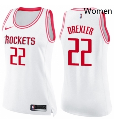 Womens Nike Houston Rockets 22 Clyde Drexler Swingman WhitePink Fashion NBA Jersey