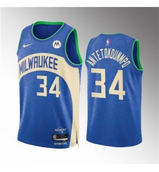 Men Milwaukee Bucks 34 Giannis Antetokounmpo 2023 24 Blue City Edition Stitched Basketball Jersey