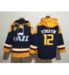 Men Utah Jazz 12 John Stockton Navy Yellow Lace Up Pullover Hoodie