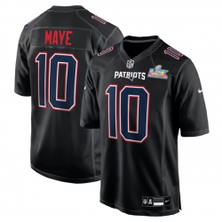 Men New England Patriots 10 Drake Maye Black 2025 Super Bowl LX Patch Carbon Fashion Stitched Game Jersey