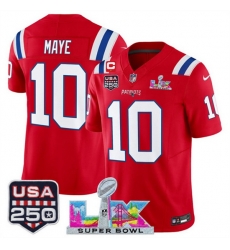 Men New England Patriots 10 Drake Maye Red 2025 F U S E  1 Star C Patch And Super Bowl LX Patch  USA 250 Patch Vapor Limited Football Stitched Jersey