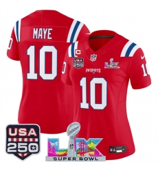 Women New England Patriots 10 Drake Maye Red 2025 F U S E  1 Star C Patch And Super Bowl LX Patch  26 USA 250 27 Patch Vapor Limited Football Stitched Jers