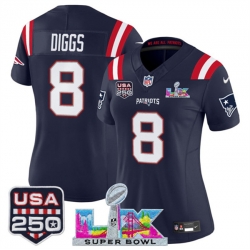 Women New England Patriots 8 Stefon Diggs Navy 2025 F U S E  Super Bowl LX Patch And USA 250 27 Patch Vapor Limited Football Stitched Jersey 