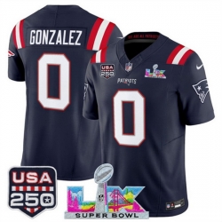 Youth New England Patriots 0 Christian Gonzalez Navy 2025 F U S E  Super Bowl LX Patch And USA 250 27 Patch Vapor Limited Stitched Football Jersey