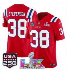 Youth New England Patriots 38 Rhamondre Stevenson Red 2025 F U S E  Super Bowl LX Patch And USA 250 27 Patch Vapor Limited Stitched Football Jersey