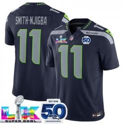 Men Seattle Seahawks 11 Jaxon Smith Njigba Navy 2025 F U S E  Super Bowl LX Patch And 50th Season Patch Vapor Limited Stitched Football Jersey