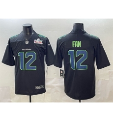 Men Seattle Seahawks 12 Fan Black 2025 Super Bowl LX Patch Carbon Fashion Vapor Untouchable Limited Stitched Football Jersey