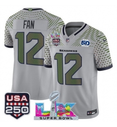 Men Seattle Seahawks 12 Fan Gray 2025 F U S E  Super Bowl LX  26 US 250th anniversary Patch And 50th Season Patch  Rivalries Vapor Limited Football Stitche