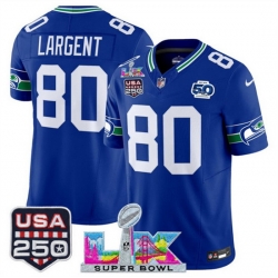 Men Seattle Seahawks 80 Steve Largent Royal 2025 F U S E  Super Bowl LX Patch And 50th Season  USA 250 Patch Vapor Throwback Limited Stitched Football Jers