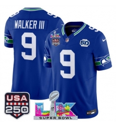 Men Seattle Seahawks 9 Kenneth Walker III Royal 2025 F U S E  Super Bowl LX Patch And 50th Season  USA 250 Patch Vapor Throwback Limited Stitched Football 