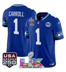 Youth Seattle Seahawks 1 Pete Carroll Royal 2025 F U S E  Super Bowl LX Patch And 50th Season  USA 250 Patch Vapor Throwback Limited Stitched Football Jers