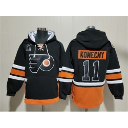 Men Philadelphia Flyers  11 Travis Konecny Black Ageless Must Have Lace Up Pullover Hoodie